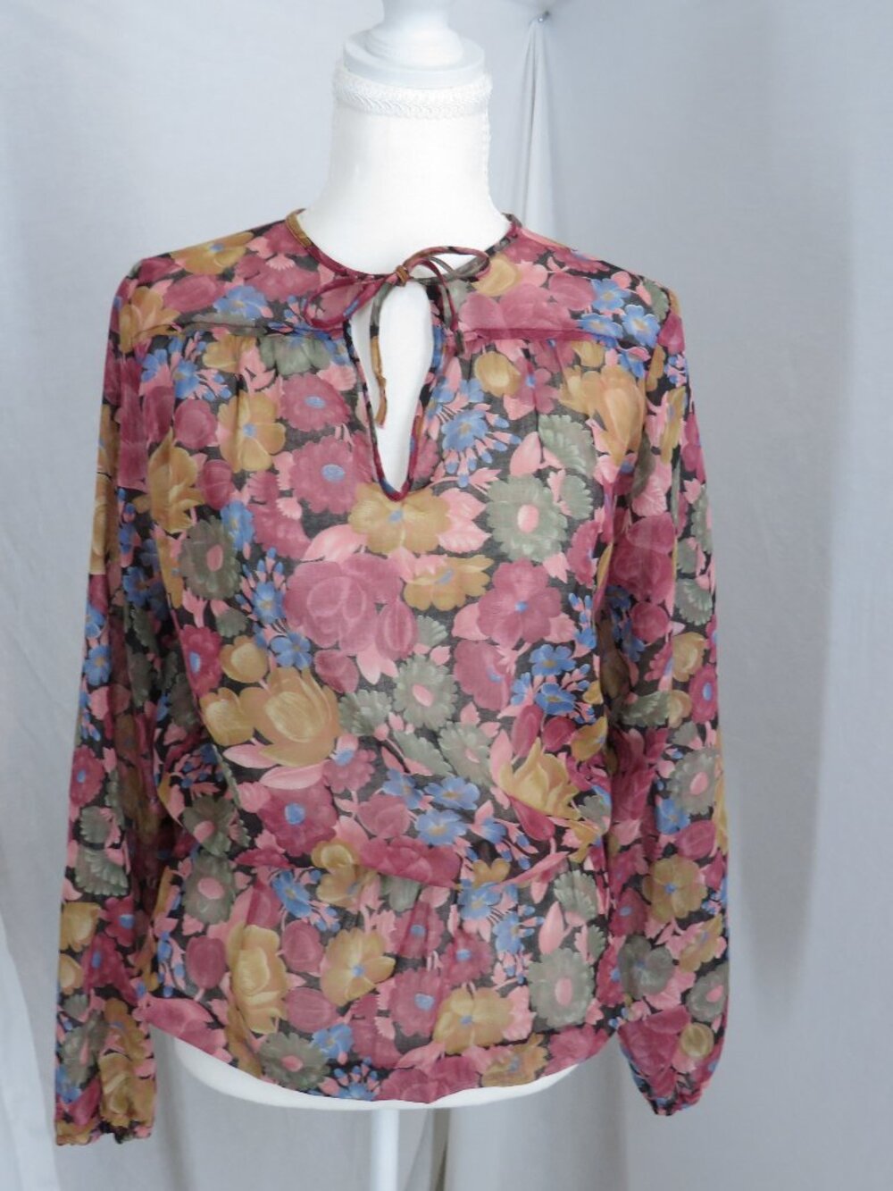 Katy Did Vintage Floral Boho Peasant Blouse – Sheer Cottagecore Garden Print